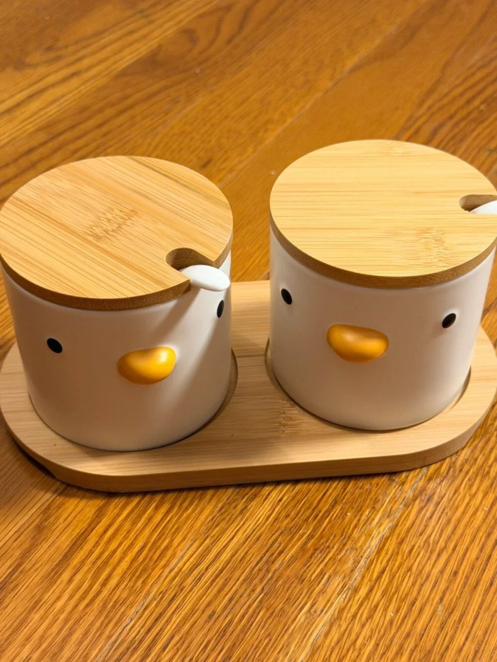 Ceramic Sugar Bowls with Wood Lids & Tray Spoons Duck Set of 2 New